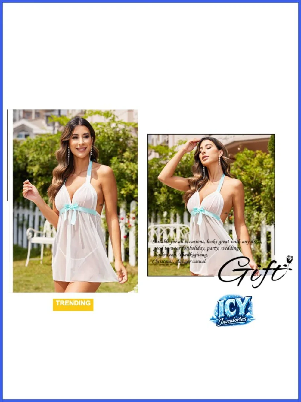 Lace Babydoll Chemise Halter Sheer Mesh Lingerie with G-String